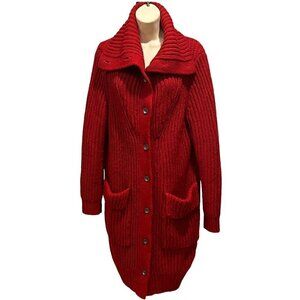 Ischiko Red Ribbed Wool Alpaca Blend Button Long Cardigan Sweater